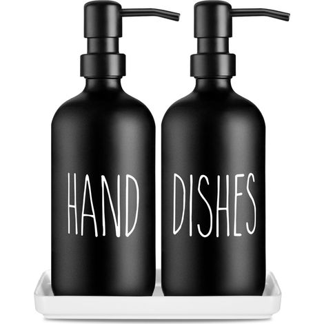 Ensemble Distributeurs Savon en Verre: Pack de 2 Flacons avec Sous-Plat en Céramique 500ml/17oz Distributeurs De Lotions Remplissables Cuisine et Salle de Bain (Noir) (1/5)