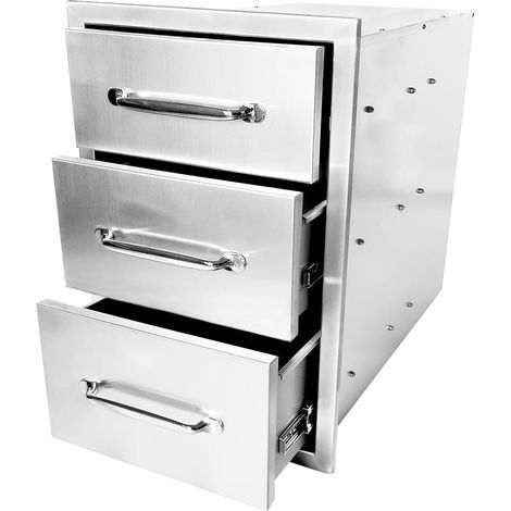 Tiroir Extérieur en Acier Inoxydable 3 Niveaux 35,5×52 cm, Étanche avec Glissières Silencieuses pour Îlot Barbecue et Cuisine Extérieure (1/5)