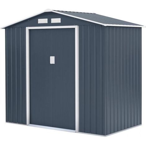 Abri de jardin en métal 2,71 m² - 213 x 127 x 195 cm - PLUTON - Kit d'ancrage inclus, 2 portes coulissantes - Gris (1/4)