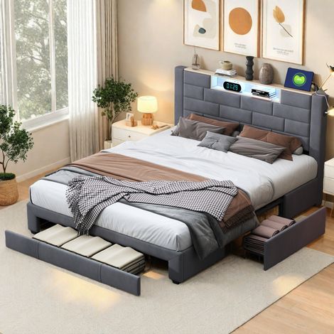 Lit 140x200 avec sommier, tête de lit avec lumières led et usb, cadre de lit rembourrée et 2 tiroirs, pour adultes et adolescents, gris velours (1/5)