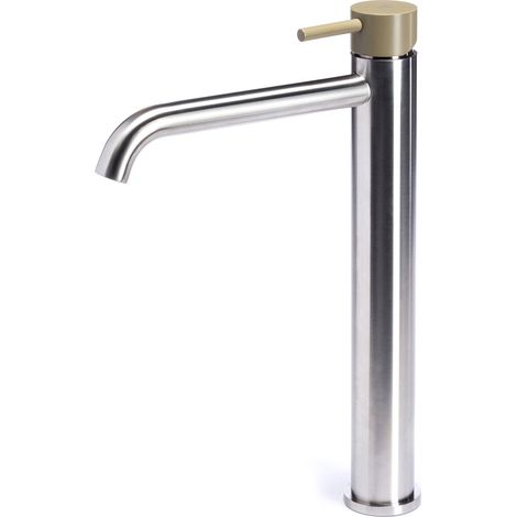Rubinetto Miscelatore Monocomando Lavabo Alto in Acciaio Inox Satinato Maniglia Ulivo (1/3)