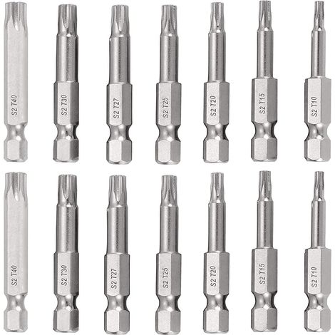 Lot de 14 embouts de tournevis longs 50 mm - 5 points - Tête étoile magnétique - Embouts électriques - Jeu d'embouts électriques - En acier S2 - Tige hexagonale T10 T15 T20 T25 T27 T30 (1/5)