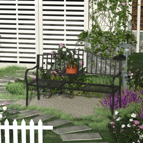 Panchina da Giardino 2 Persone con Tavolino Estensibile Nero Metallo