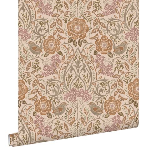 Papier peint à motif fleurs et oiseaux – Style art nouveau – Couleurs beige, terracotta, vieux rose – Dimensions 53cm x 10,05m – Estahome (1/5)