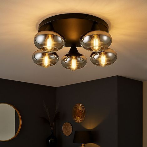 Deckenleuchte Modern Deckenlampe schwarz Retro Wohnzimmerleuchte 5-Flammig Glas, Metall, 5x E14 Fassungen, DxH 49x15 cm