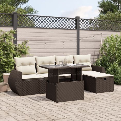 Salon de Jardin 6 Places Marron en Résine Tressée avec Coussins Crème, Table Réglable Verre Trempé et Tabouret Rangement (1/5)