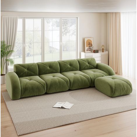 Sofá de esquina modular 4 plazas de chenilla verde con reposapiés, sin montaje DESVIAE (1/5)