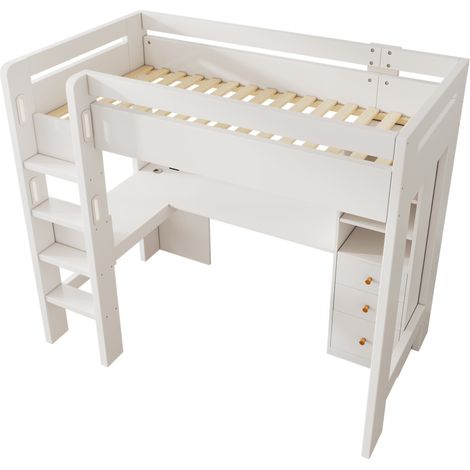 Lit mezzanine en bois blanc 90x200 cm avec bureau d’angle, rangements, tiroirs et charge USB/Type‑C, sommier inclus (1/5)