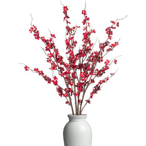Lot de 4 Branches de Cerisier artificielles pour décoration d'intérieur et de Printemps, Longues tiges, pour Mariage, Maison, Bureau, Chambre à Coucher, Centre de Table, Rouge (1/5)