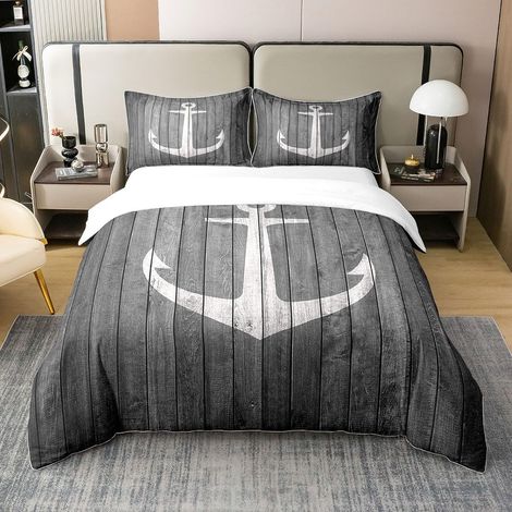 Anchor Decor Parure de lit thème Nautique Enfants Garçons Filles Mer Adventure Coton Housse de Couette Ensemble de Planches en Bois Noir 140x200cm - 140 x 200 cm + 1 taie d'oreiller 65 x 65 cm (1/5)