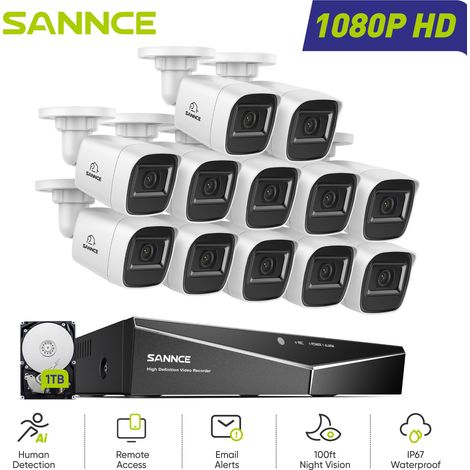 SANNCE 1080P Kit Cámaras de Vigilancia Cable,16CH con 12 Cámaras 2MP Sistema Cámara de Seguridad Visión Nocturna Acceso Remoto,1TB (1/5)