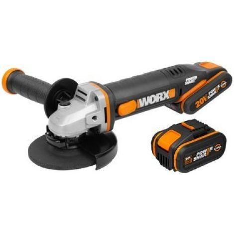 WORX Amoladora 125mm 20V PowerShare WX803 Incluye 2 baterías 2Ah y 4Ah Bloqueo del husillo interruptor lateral Sistema de ajuste rápido sin herramientas Mango auxiliar