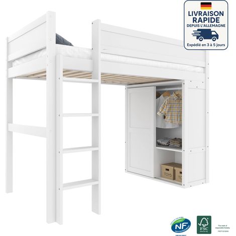 Lit mezzanine 90x200 cm avec penderie, lit simple pour enfant, sans matelas, pin, blanc (1/5)