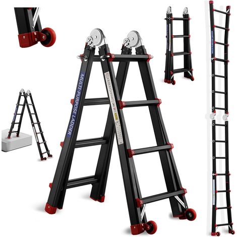 Teeno – Échelle télescopique 4 m en aluminium – 5 configurations – Charge maximale 150 kg – Patins antidérapants – Pliable avec roues amovibles