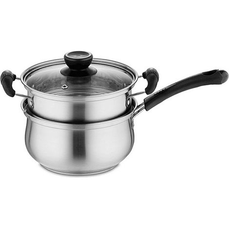 Edelstahl-Kochtopf mit Dämpfeinsatz und belüftetem Glasdeckel. Sicher und langlebig. (1/5)