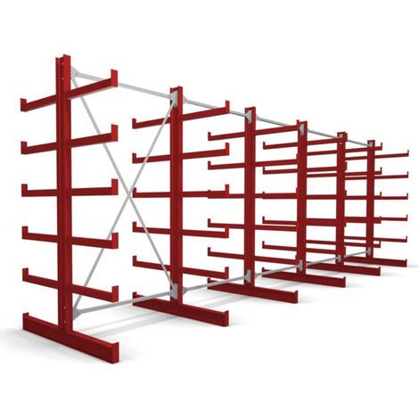 Rayonnage à bras en porte-à-faux STIER, double, 5 travées avec 5 niveaux 6500x2000x500 mm, rouge feu