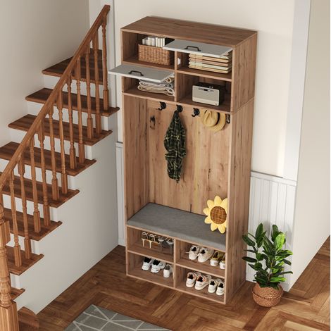 Flurgarderobe (80x35x185 cm), mit Sitzbank und Stauraum, 5 Haken, Spanplatte, Weiß Natur (1/5)