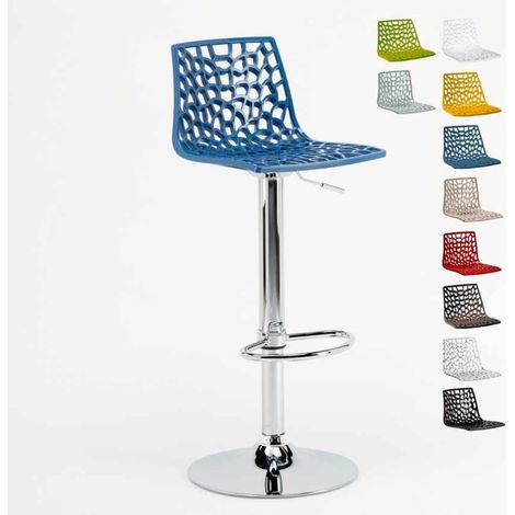 Grand Soleil – Tabouret de bar réglable en hauteur – Siège PVC 30x37 cm – Base chrome poli – Pour cafés et cuisines – Couleur bleu