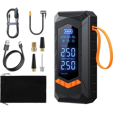 Pompe à air portable pour voiture avec batterie haute capacité, adaptée aux voitures, motos et vélos. (Rechargeable sur secteur) (1/5)