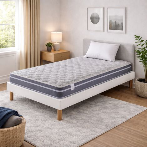 Ensemble Sommier Tapissier et Matelas 80x190 cm - Couleur : Blanc - Sommier Déhoussable avec Pieds 20 cm et Lattes Multiplis - Matelas Ferme Très Respirant Tissu Bambou - (1/5)