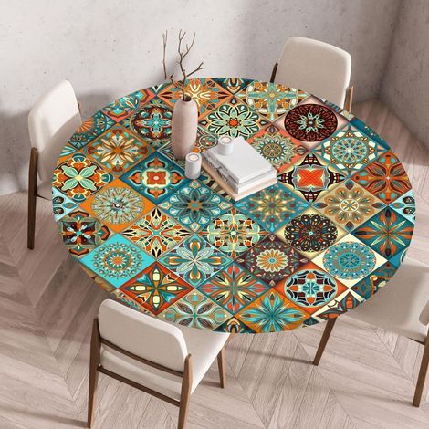 Nappe ronde Boho avec élastique 90 cm imperméable lavable