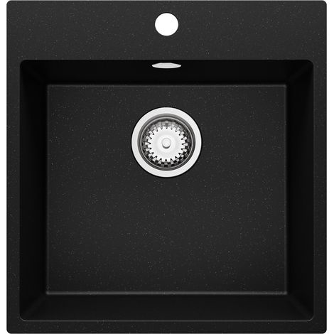 PRIMAGRAN Evier Cuisine en Granit 48x50cm, Lavabo 1 bac + Kit de Vidage, Évier à Encastrer au meuble 50cm - Riga, Noir Métallisé