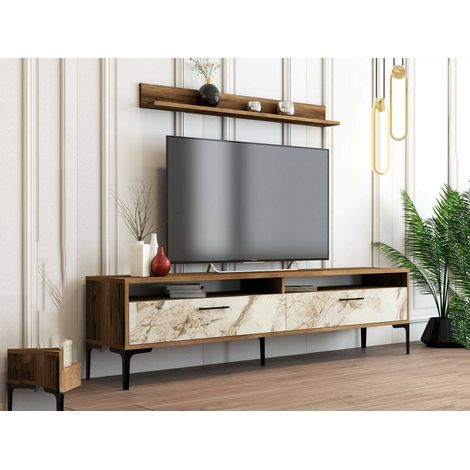 Dmora - Pared Equipada Dkatseri, Composición de la sala de estar, Muebles de salón multiusos, Gabinete de TV, 180x35h47 cm, Nogal y Mármol Blanco (1/5)