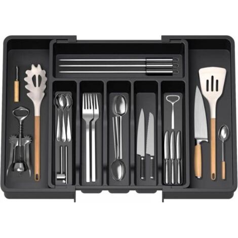 Range Couverts, Plateau d'Ustensiles Extensible pour Tiroir, Organisateur de Tiroir Réglable pour la Cuisine, Rangement Compact en Plastique pour contenir des Cuillères, Fourchettes, Noir (1/5)