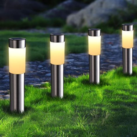 Set mit 4 Solar-Außenleuchten aus Edelstahl, wasserdicht, warmweißes Licht, zylindrisch, mit automatischem Ein-/Ausschalter, ideal für Terrasse, Rasen und Patio. (1/5)