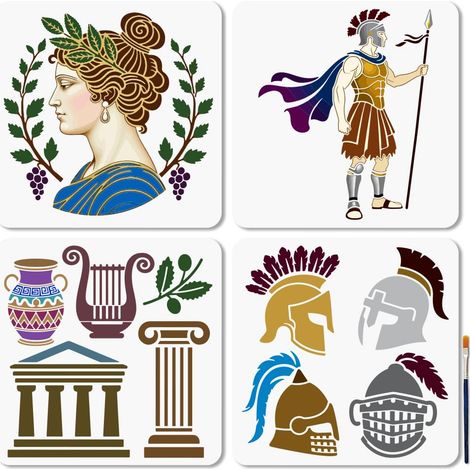 4 Pièces ensemble de Pochoirs de la Grèce Antique et de Rome Pochoir de Personnage D'Architecture Grecque 30x30cm avec Pinceau pour Mur Meubles Papier Toile Scrapbooking Décoration (1/5)