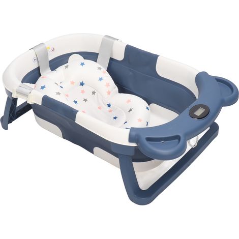 Baignoire bébé pliable avec capteur de température intelligent en temps réel, double pliage, portable et tapis de bain inclus (bleu foncé). (1/5)