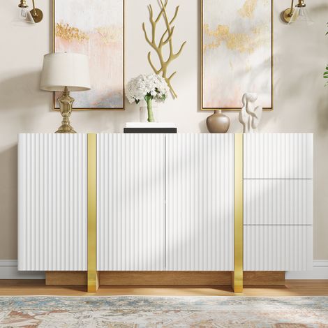 Buffet bas 140x36x75 cm, 3 portes, 3 tiroirs, façades rainurées, liserés dorés, MDF et panneaux de particules, blanc (1/5)