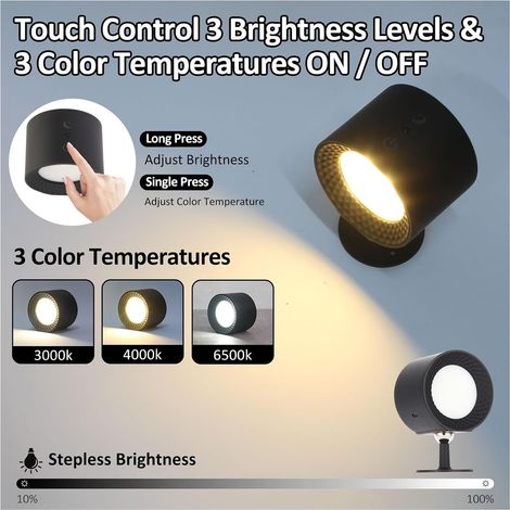 Applique da parete a LED magnetica, dimmerabile e girevole a 360°, con telecomando (nera, ricaricabile tramite USB). (1/4)