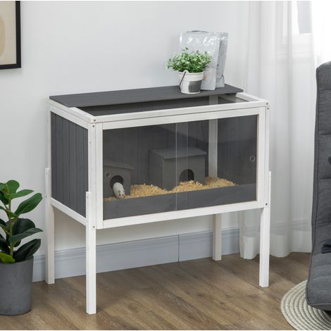 CHICFURN Jaula de madera para hámster 82 x 45 x 81 cm gris oscuro con 2 casetas y estante (1/5)