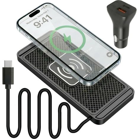 Chargeur de Voiture sans Fil 15W Qi Charge Rapide avec Tapis de Charge, Chargeur Voiture USB-C et câble, Support antidérapant Tableau de Bord, Compatible Android (1/5)