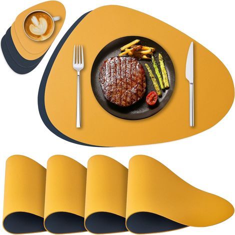 Juego de 4 manteles individuales y posavasos de cuero, resistentes al calor y fáciles de limpiar, antideslizantes por ambos lados e impermeables - Azul Naranja (1/5)