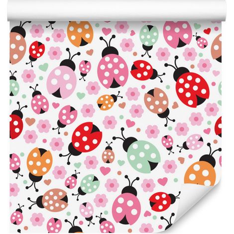 Papier peint coccinelle, fleurs et cœurs pour salon et chambre 50x1000 cm (1/5)