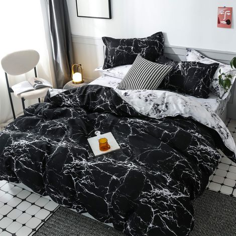 Lot de 2 parures de lit marbrées 155 x 220 cm - Motif marbre noir et blanc - 1 housse de couette 155 x 220 cm et 1 taie d'oreiller 80 x 80 cm avec fermeture éclair - Parure de lit (1/5)