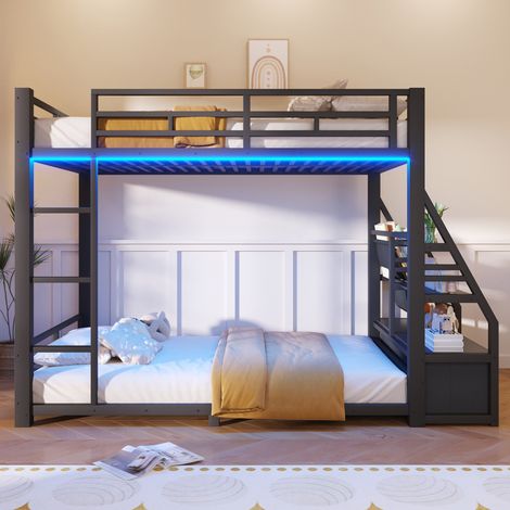 Lit superposé en métal 90x200 cm, LED, 2 tiroirs tissu, étagères, échelle, garde-corps, sans matelas (1/5)
