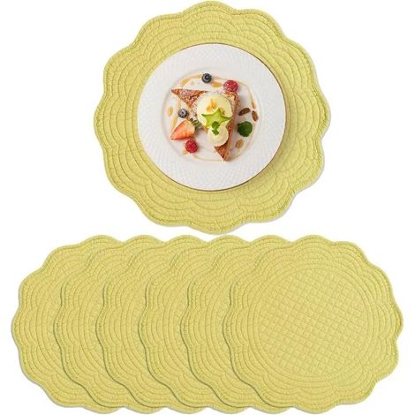 Ensemble de 6 sets de table matelassés ronds de 35,5 cm (14 pouces), réversibles, à bord festonné, jaunes, en coton (1/5)