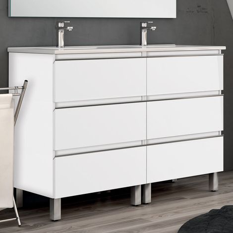 Meuble de salle de bain 140cm double vasque - 6 tiroirs - sans miroir - blanc - PALMA (1/4)