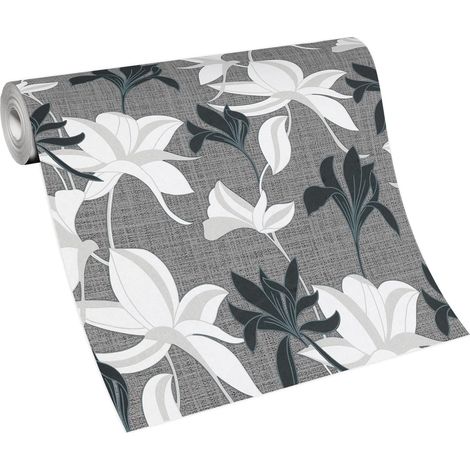 Papier peint à motif fleuri noir & blanc Tapisserie florale anthracite moderne pour salon Papier peint intissé motif fleurs (1/3)