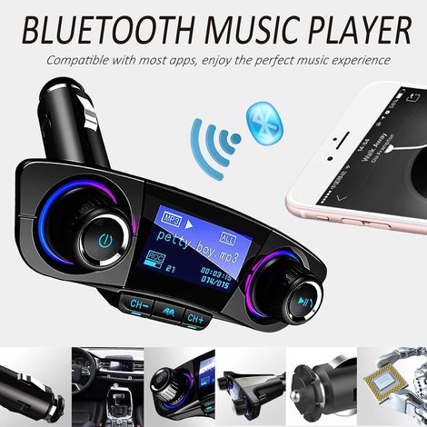 Trasmettitore FM Bluetooth per auto, lettore MP3, adattatore audio vivavoce con doppia interfaccia USB, interfaccia per unità flash USB, scheda TF e ingresso/uscita AUX. (1/5)