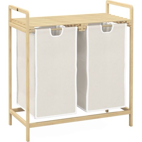 Panier à linge en bambou 2 paniers amovibles et coulissants en non-tissé 63,5 x 33 x 73 cm crème (1/5)
