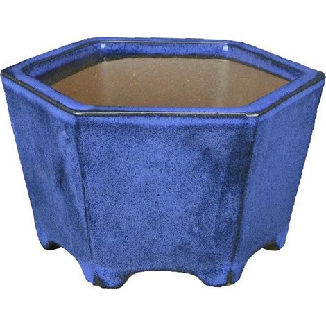 Vaso per bonsai esagonale in gres smaltato blu 12x12x7,5 cm - YP45