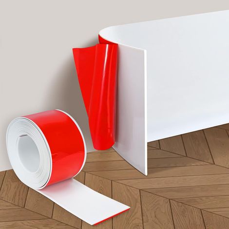 Plinthe souple autocollante en PVC - 10 cm x 10 m - Blanc - Plinthe plate flexible - Autocollant - Pour salon, chambre à coucher, cuisine (1/5)