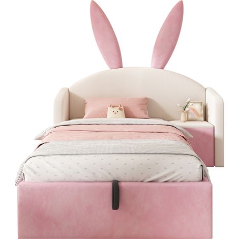 Lit enfant 90x190 capitonné velours, tête oreilles lapin avec rangement et table de nuit, lit ado design, beige et rose, matelas non inclus, gain de place (1/5)