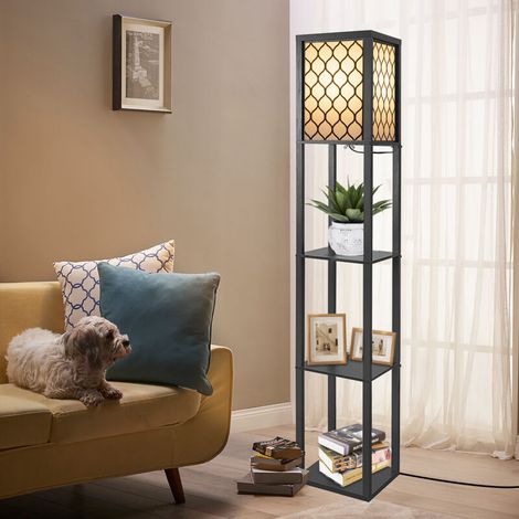 Lampadaire Etagere, 3 Etagères de Stockage en Bois, Lampe avec E27 6W Ampoule LED, Lampe Salon sur Pied pour Chambre, Étudier, Burea Decoration , 26 x 26 x 159 cm, 220-240V,60W, Noir