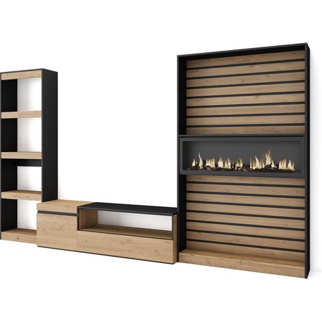 Skraut Home – Ensemble meuble TV moderne avec cheminée électrique – Dimensions 320x35x186cm – Chêne et noir – Rangement optimisé (1/5)
