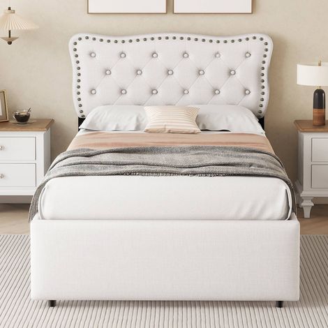 Lit capitonné 90x200 cm beige avec tête de lit réglable, 2 tiroirs de rangement, sommier à lattes inclus, sans matelas, design élégant (1/5)